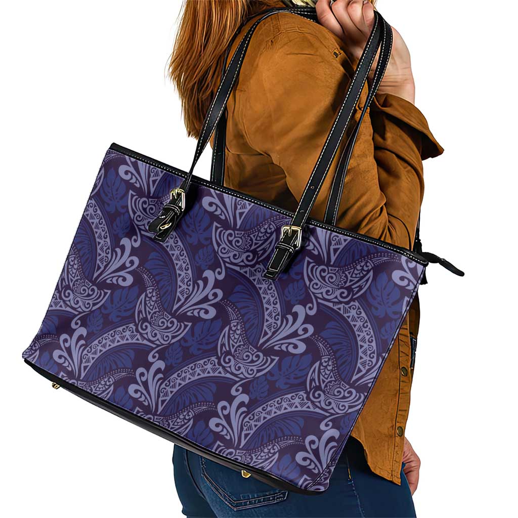 Deep Blue Monstera Leather Tote Bag Polynesian Tribal Pattern - Polynesian Pride