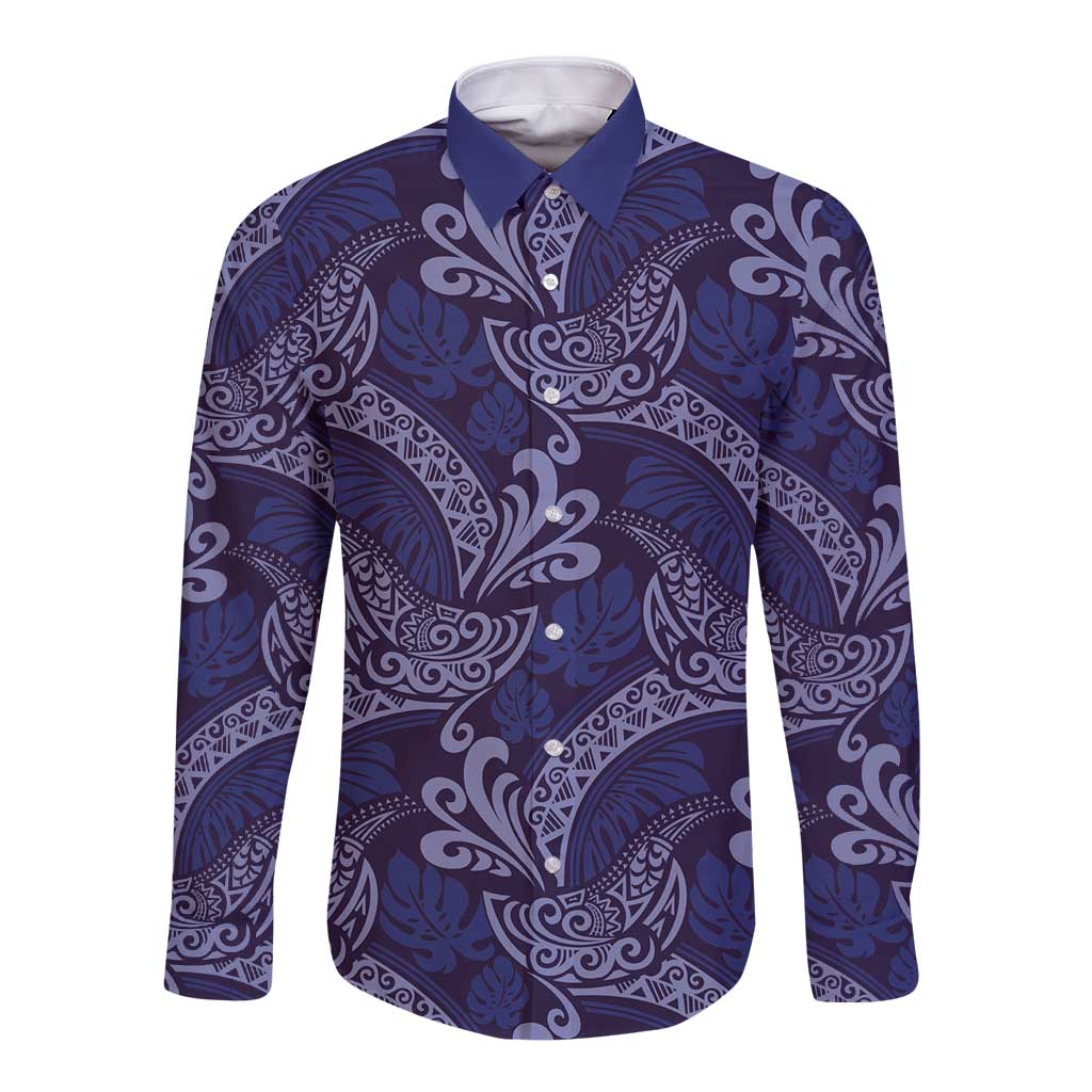 Deep Blue Monstera Long Sleeve Button Shirt Polynesian Tribal Pattern - Polynesian Pride