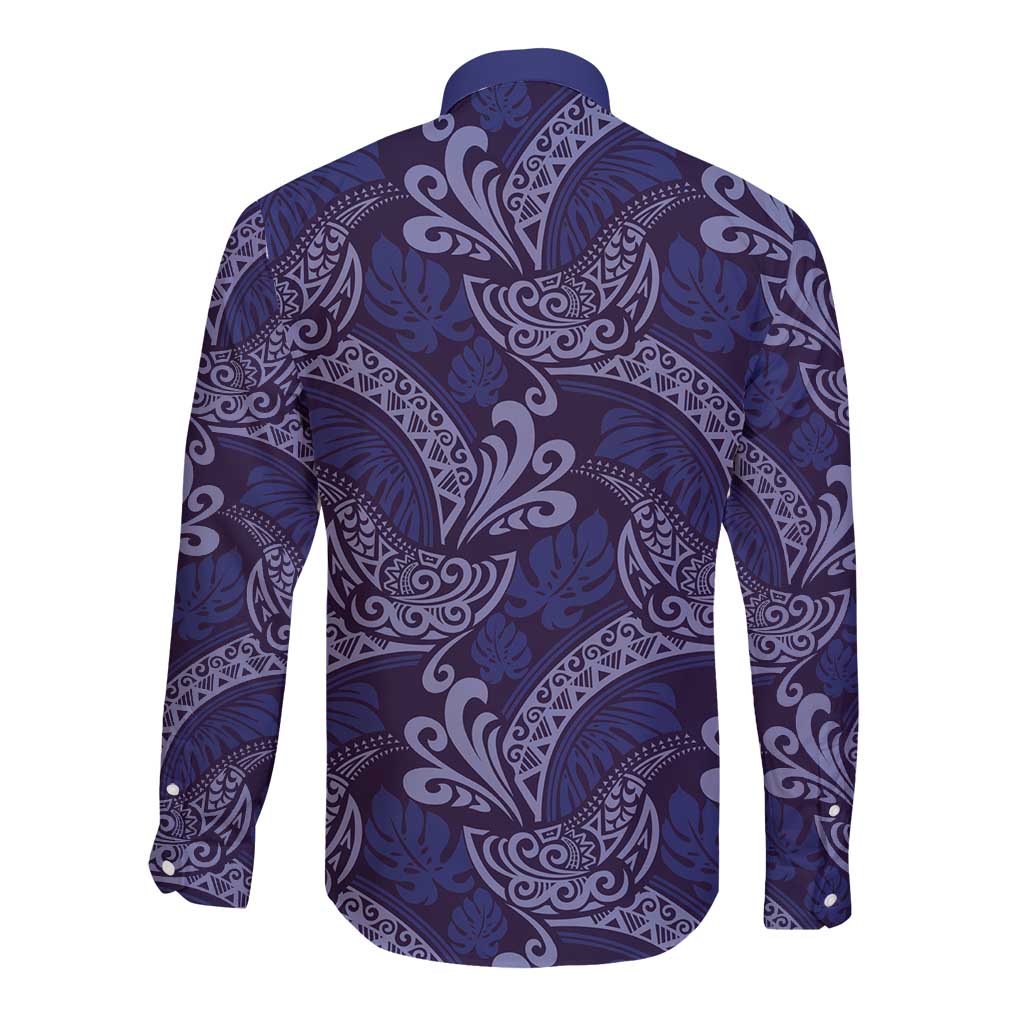 Deep Blue Monstera Long Sleeve Button Shirt Polynesian Tribal Pattern - Polynesian Pride