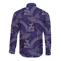 Deep Blue Monstera Long Sleeve Button Shirt Polynesian Tribal Pattern - Polynesian Pride