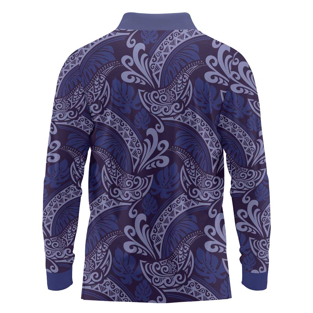 Deep Blue Monstera Long Sleeve Polo Shirt Polynesian Tribal Pattern - Polynesian Pride