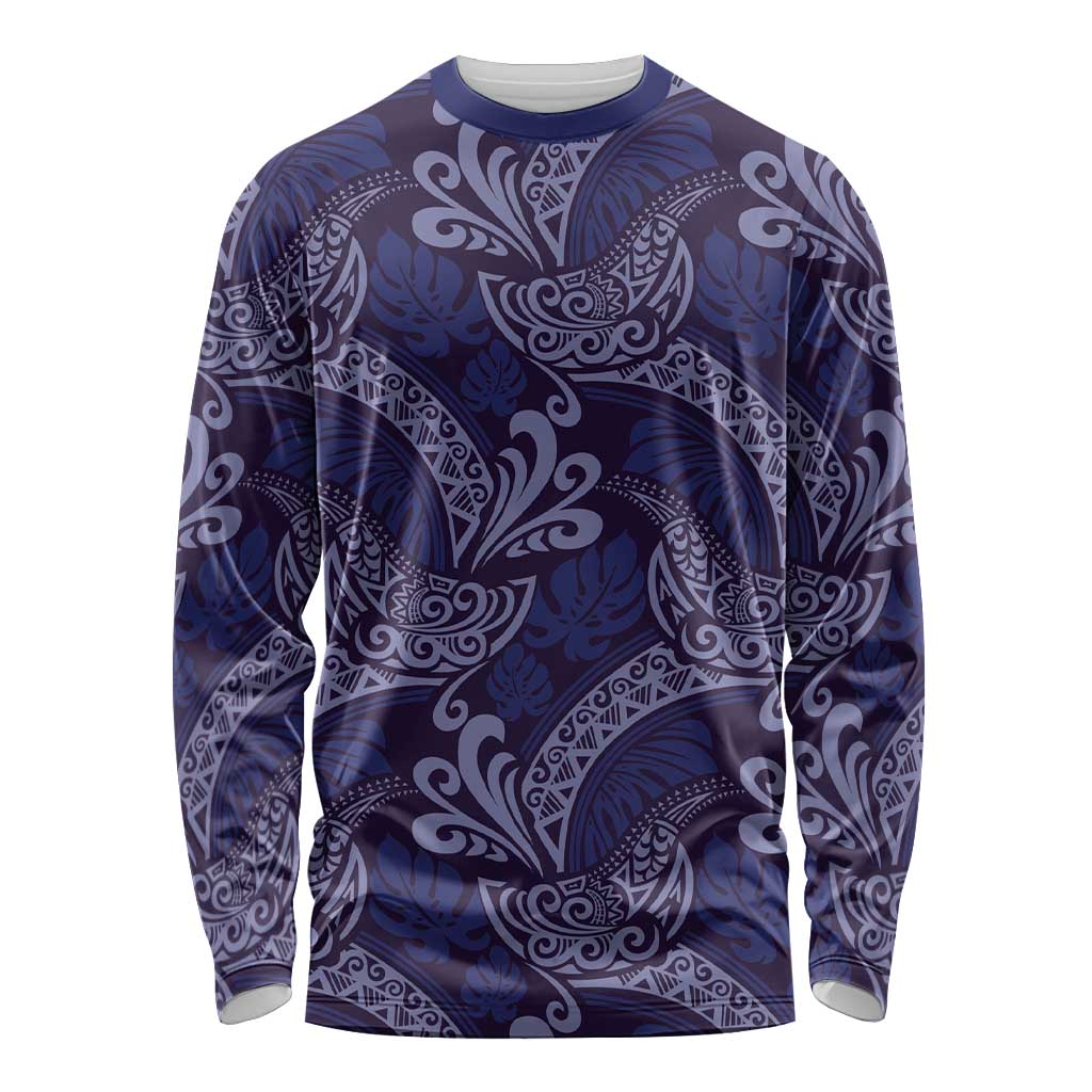 Deep Blue Monstera Long Sleeve Shirt Polynesian Tribal Pattern - Polynesian Pride