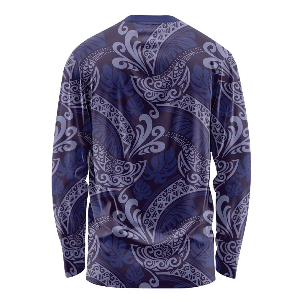 Deep Blue Monstera Long Sleeve Shirt Polynesian Tribal Pattern - Polynesian Pride