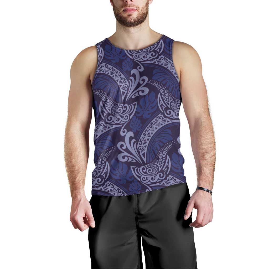 Deep Blue Monstera Men Tank Top Polynesian Tribal Pattern - Polynesian Pride