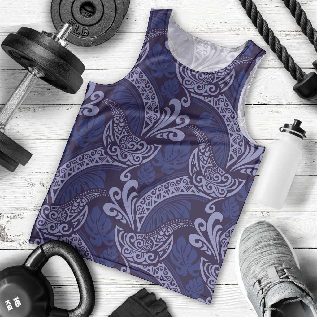 Deep Blue Monstera Men Tank Top Polynesian Tribal Pattern - Polynesian Pride