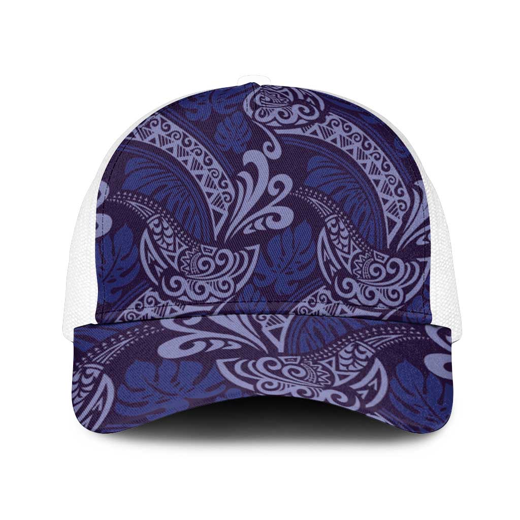 Deep Blue Monstera Mesh Trucker Cap Polynesian Tribal Pattern - Polynesian Pride
