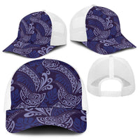 Deep Blue Monstera Mesh Trucker Cap Polynesian Tribal Pattern - Polynesian Pride