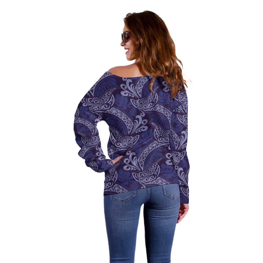 Deep Blue Monstera Off Shoulder Sweater Polynesian Tribal Pattern - Polynesian Pride