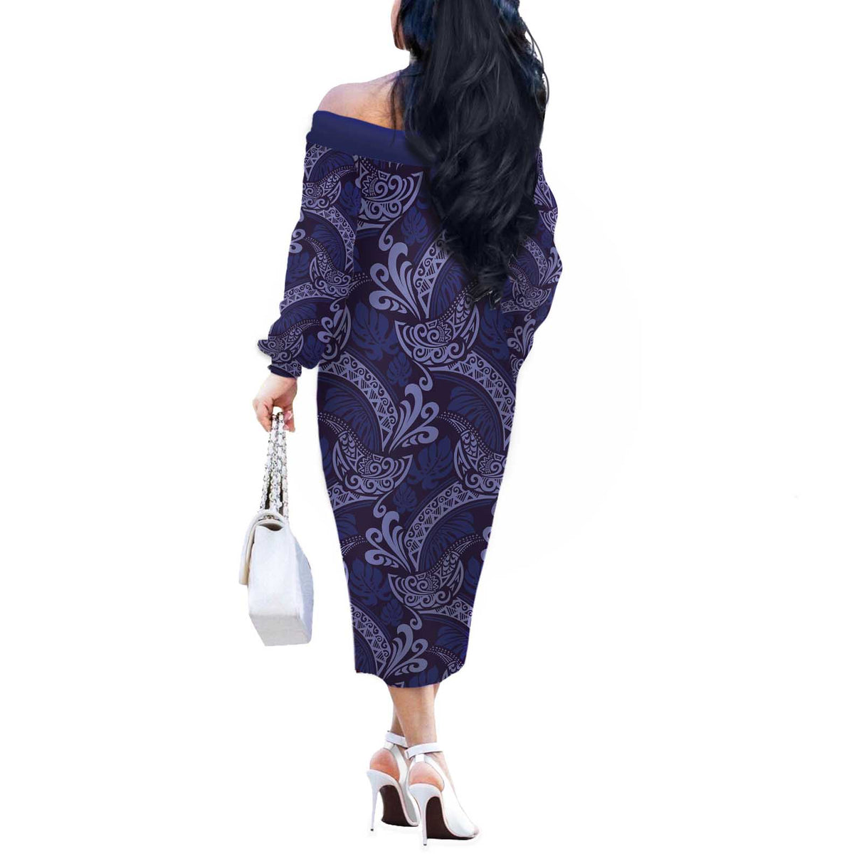 Deep Blue Monstera Off The Shoulder Long Sleeve Dress Polynesian Tribal Pattern - Polynesian Pride