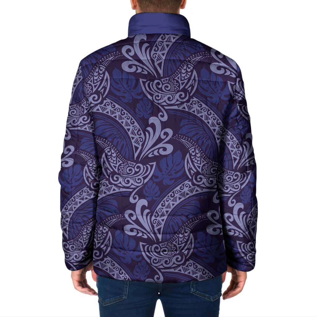 Deep Blue Monstera Padded Jacket Polynesian Tribal Pattern - Polynesian Pride