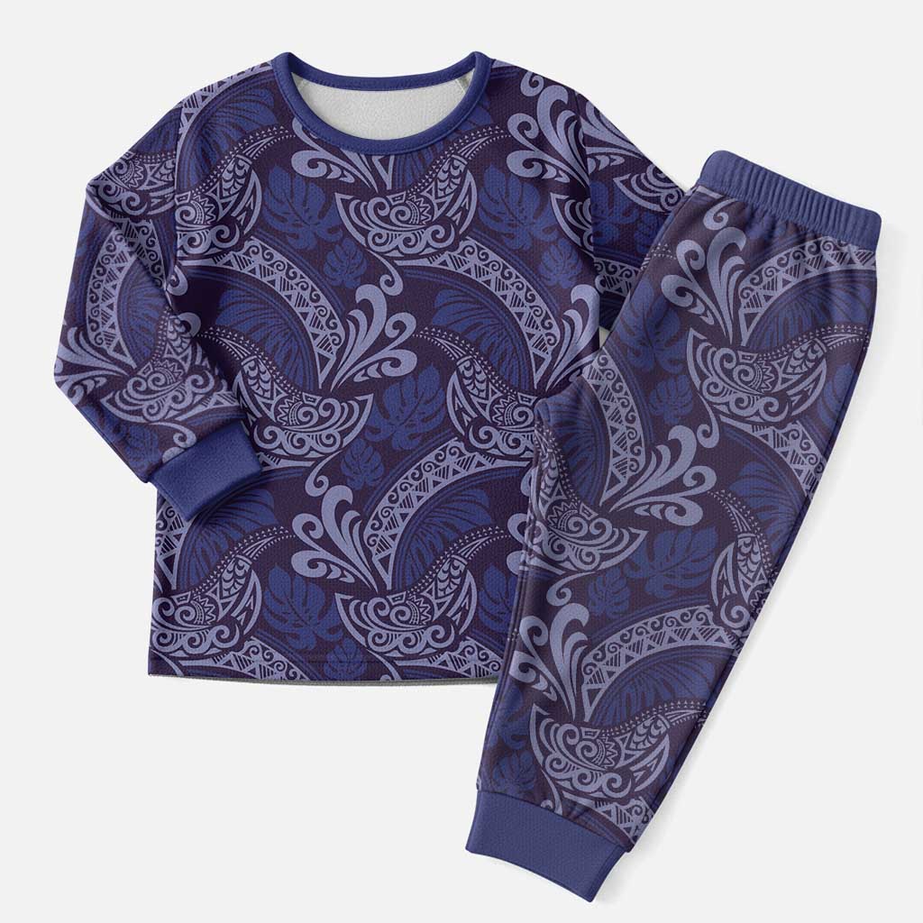 Deep Blue Monstera Christmas Pajama Set Polynesian Tribal Pattern - Polynesian Pride