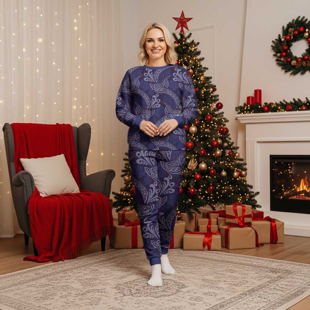 Deep Blue Monstera Christmas Pajama Set Polynesian Tribal Pattern - Polynesian Pride