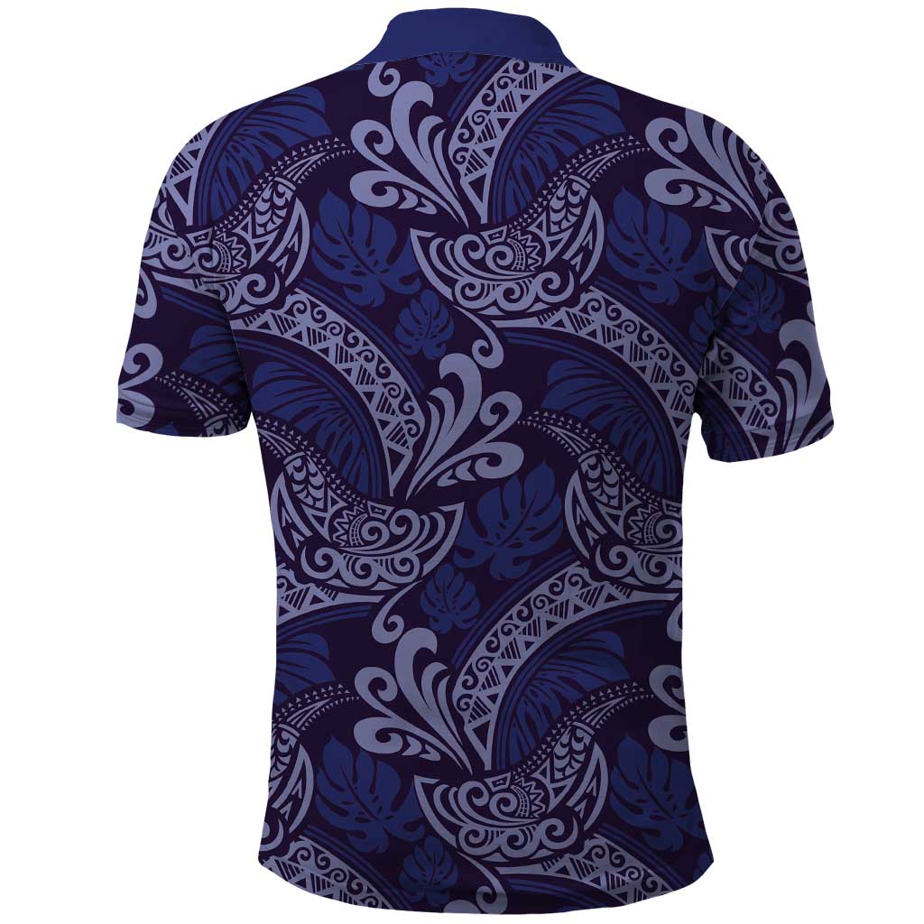 Deep Blue Monstera Polo Shirt Polynesian Tribal Pattern - Polynesian Pride