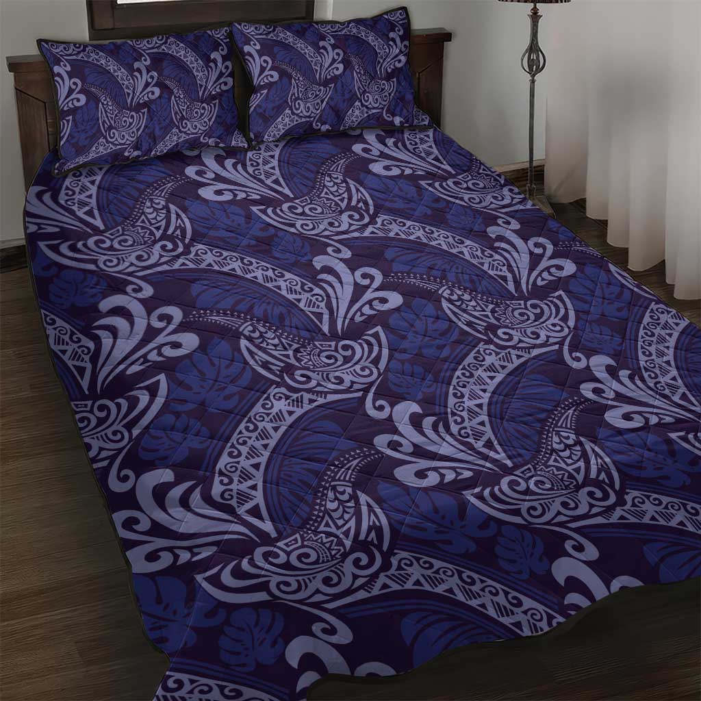 Deep Blue Monstera Quilt Bed Set Polynesian Tribal Pattern - Polynesian Pride