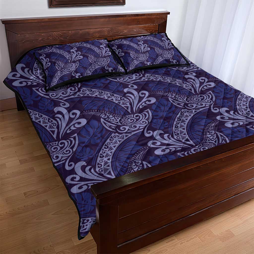 Deep Blue Monstera Quilt Bed Set Polynesian Tribal Pattern - Polynesian Pride