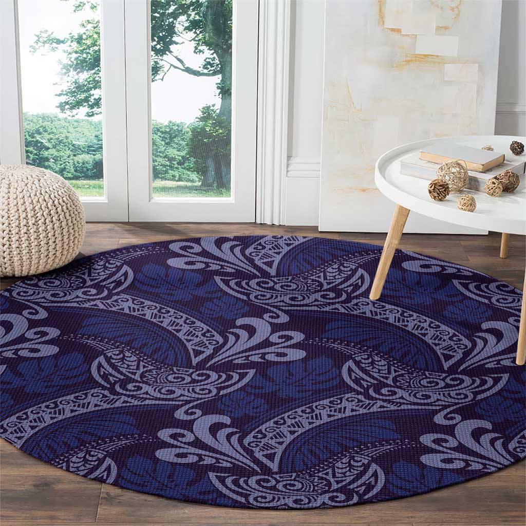 Deep Blue Monstera Round Carpet Polynesian Tribal Pattern - Polynesian Pride