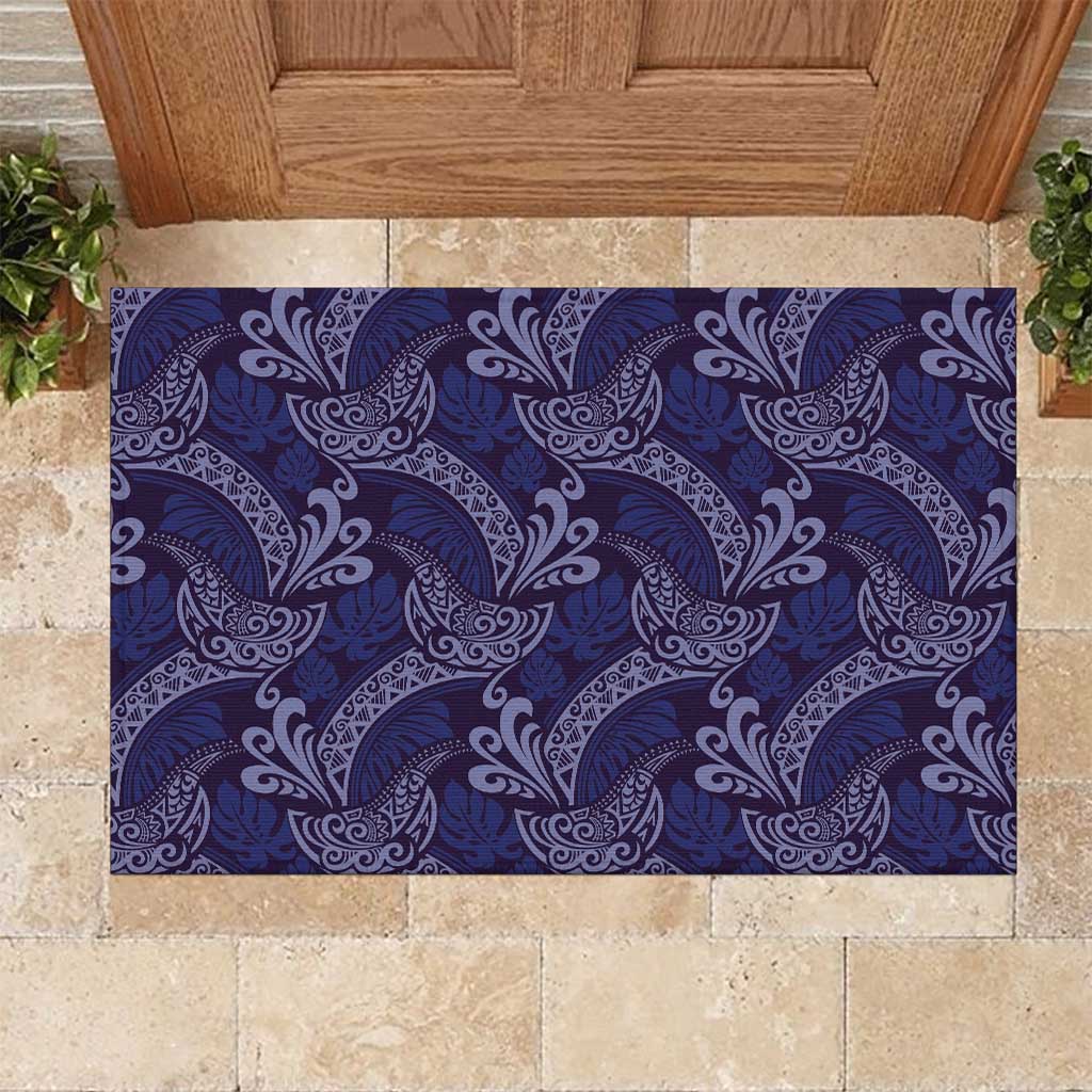 Deep Blue Monstera Rubber Doormat Polynesian Tribal Pattern - Polynesian Pride