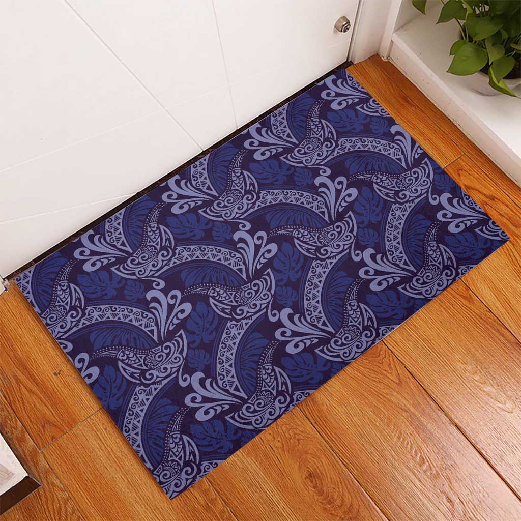Deep Blue Monstera Rubber Doormat Polynesian Tribal Pattern - Polynesian Pride