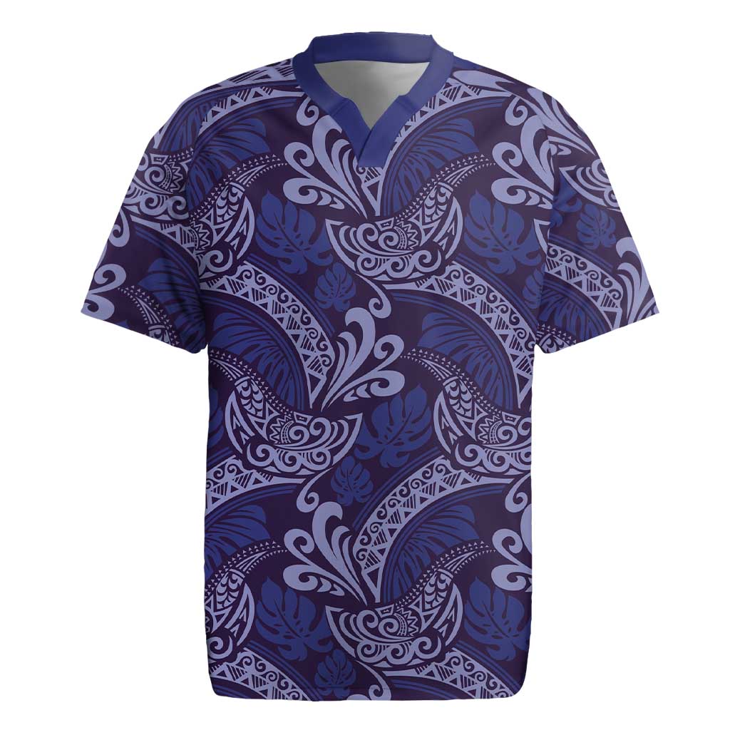 Deep Blue Monstera Rugby Jersey Polynesian Tribal Pattern - Polynesian Pride