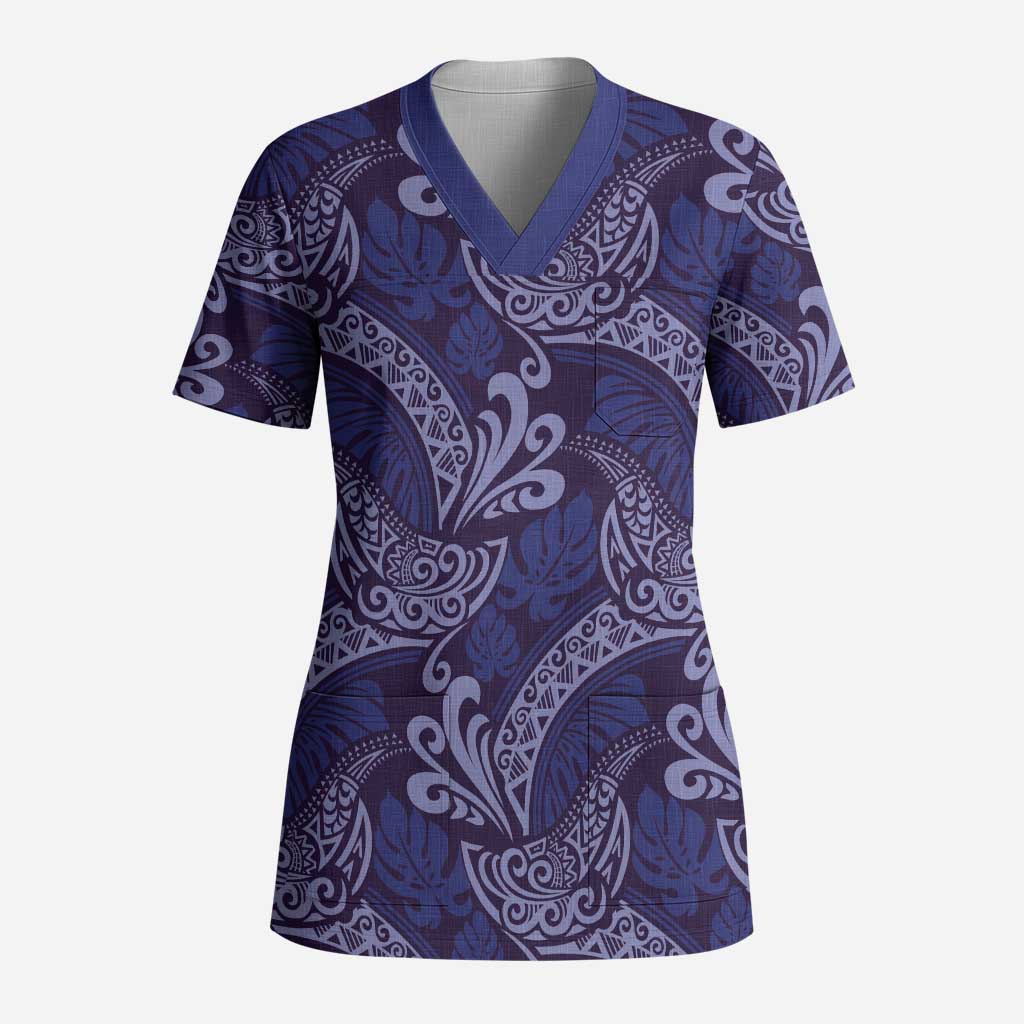 Deep Blue Monstera Scrub Top Polynesian Tribal Pattern - Polynesian Pride
