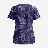 Deep Blue Monstera Scrub Top Polynesian Tribal Pattern - Polynesian Pride