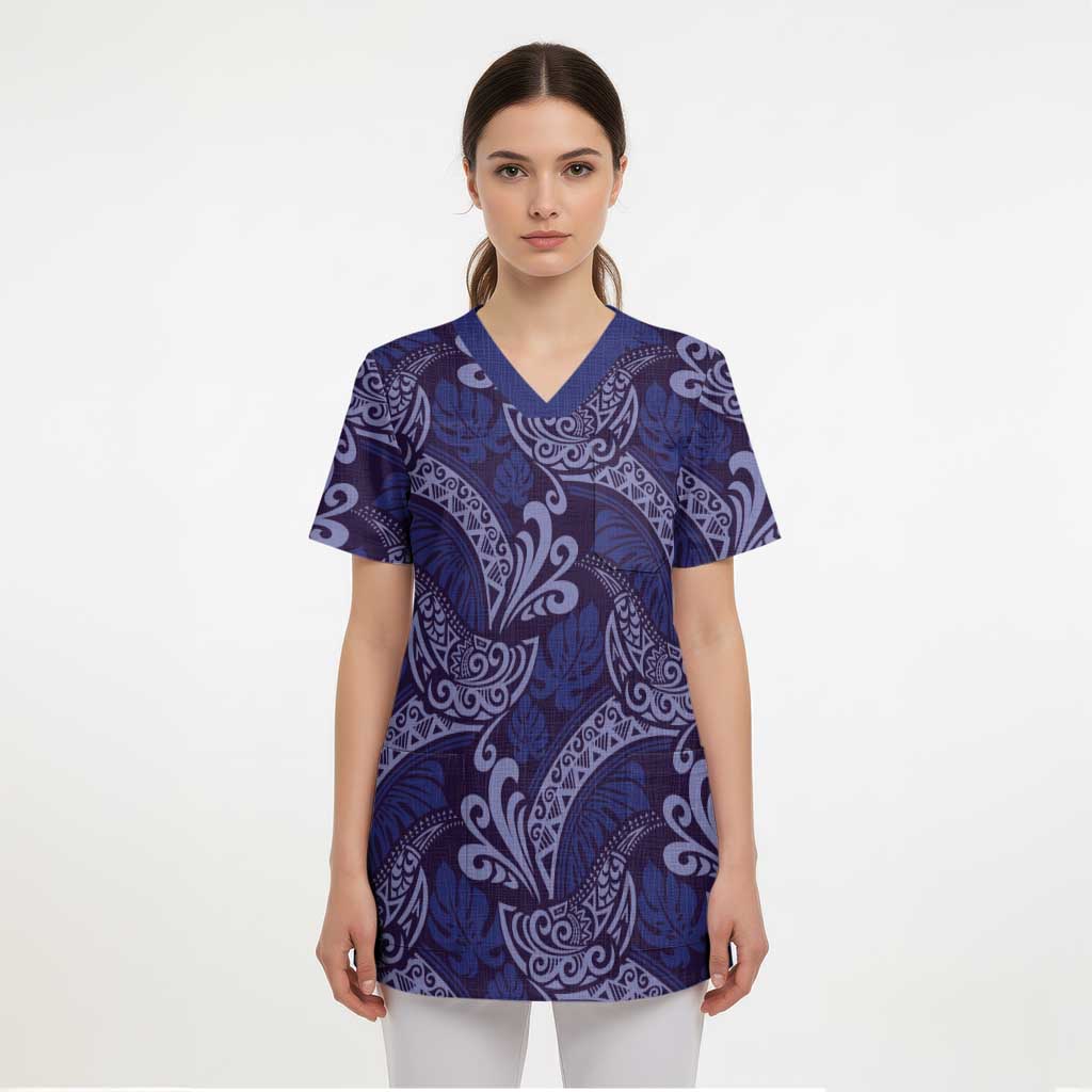 Deep Blue Monstera Scrub Top Polynesian Tribal Pattern - Polynesian Pride