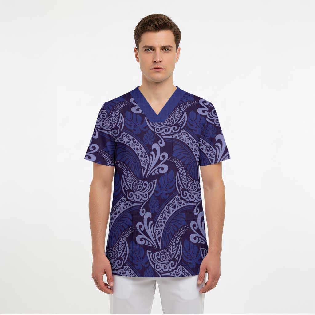 Deep Blue Monstera Scrub Top Polynesian Tribal Pattern - Polynesian Pride