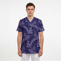 Deep Blue Monstera Scrub Top Polynesian Tribal Pattern - Polynesian Pride