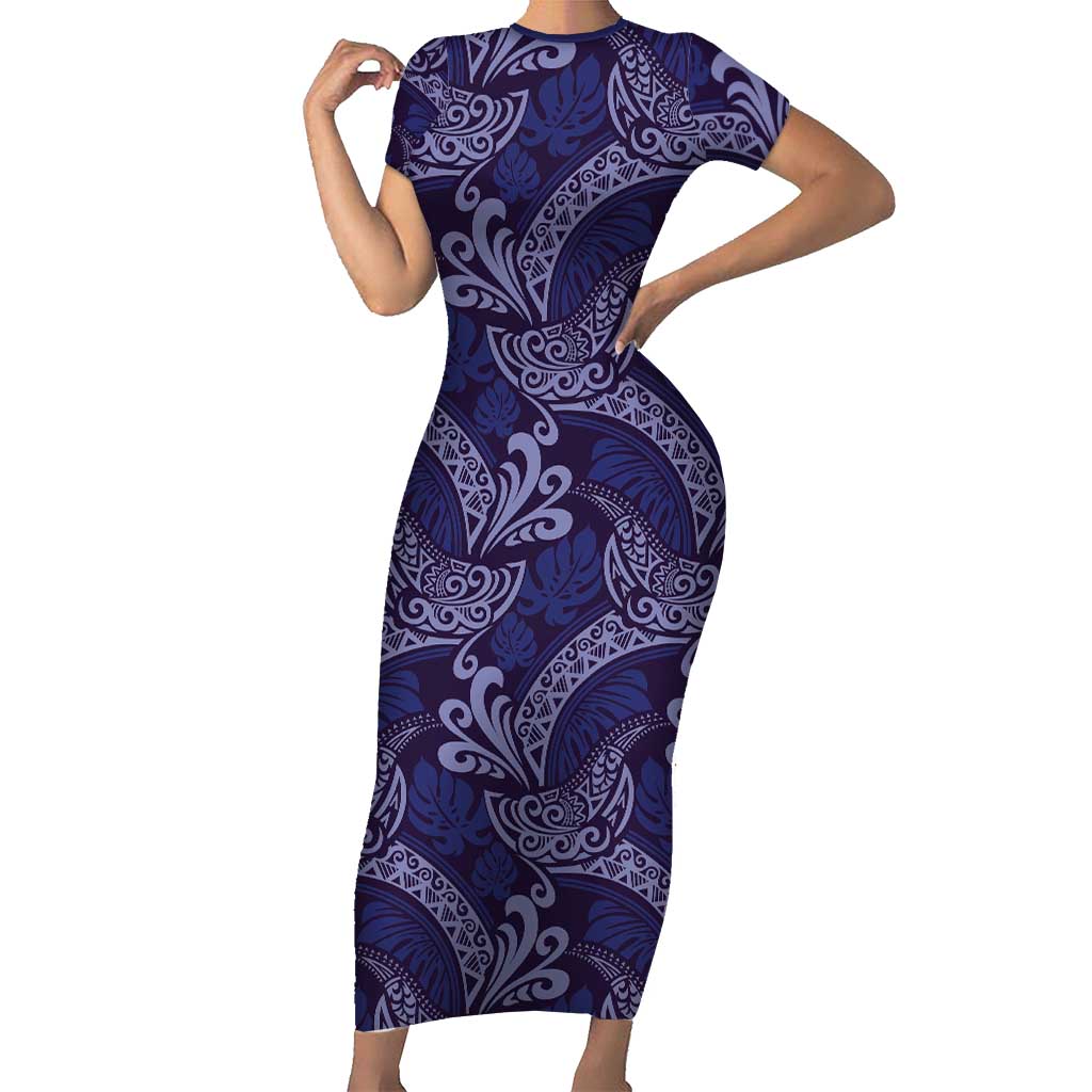 Deep Blue Monstera Short Sleeve Bodycon Dress Polynesian Tribal Pattern - Polynesian Pride