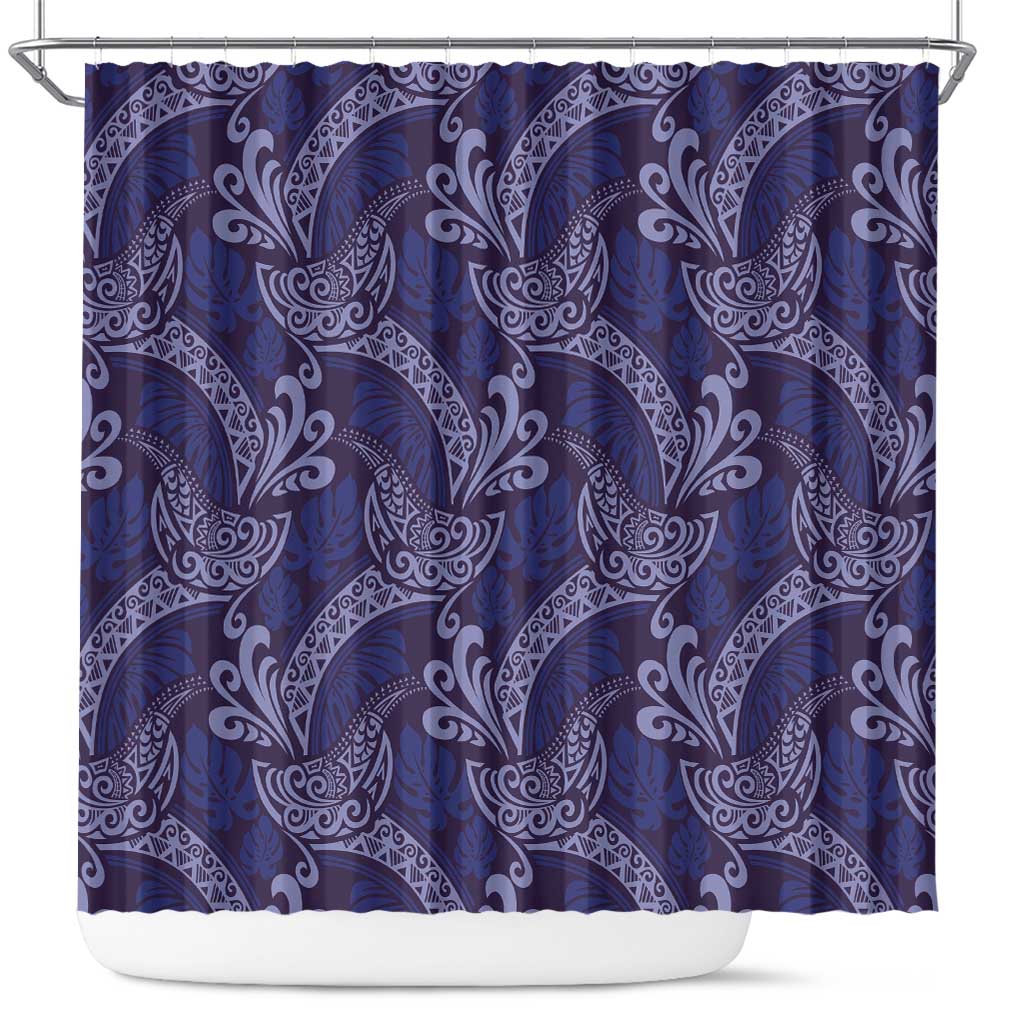 Deep Blue Monstera Shower Curtain Polynesian Tribal Pattern - Polynesian Pride