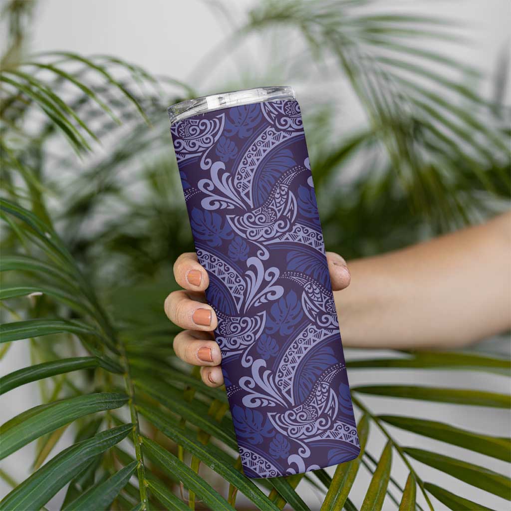 Deep Blue Monstera Skinny Tumbler Polynesian Tribal Pattern - Polynesian Pride