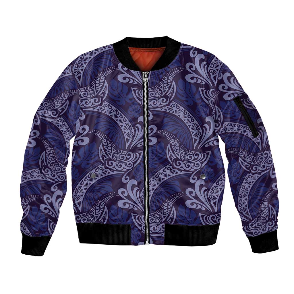 Deep Blue Monstera Sleeve Zip Bomber Jacket Polynesian Tribal Pattern - Polynesian Pride