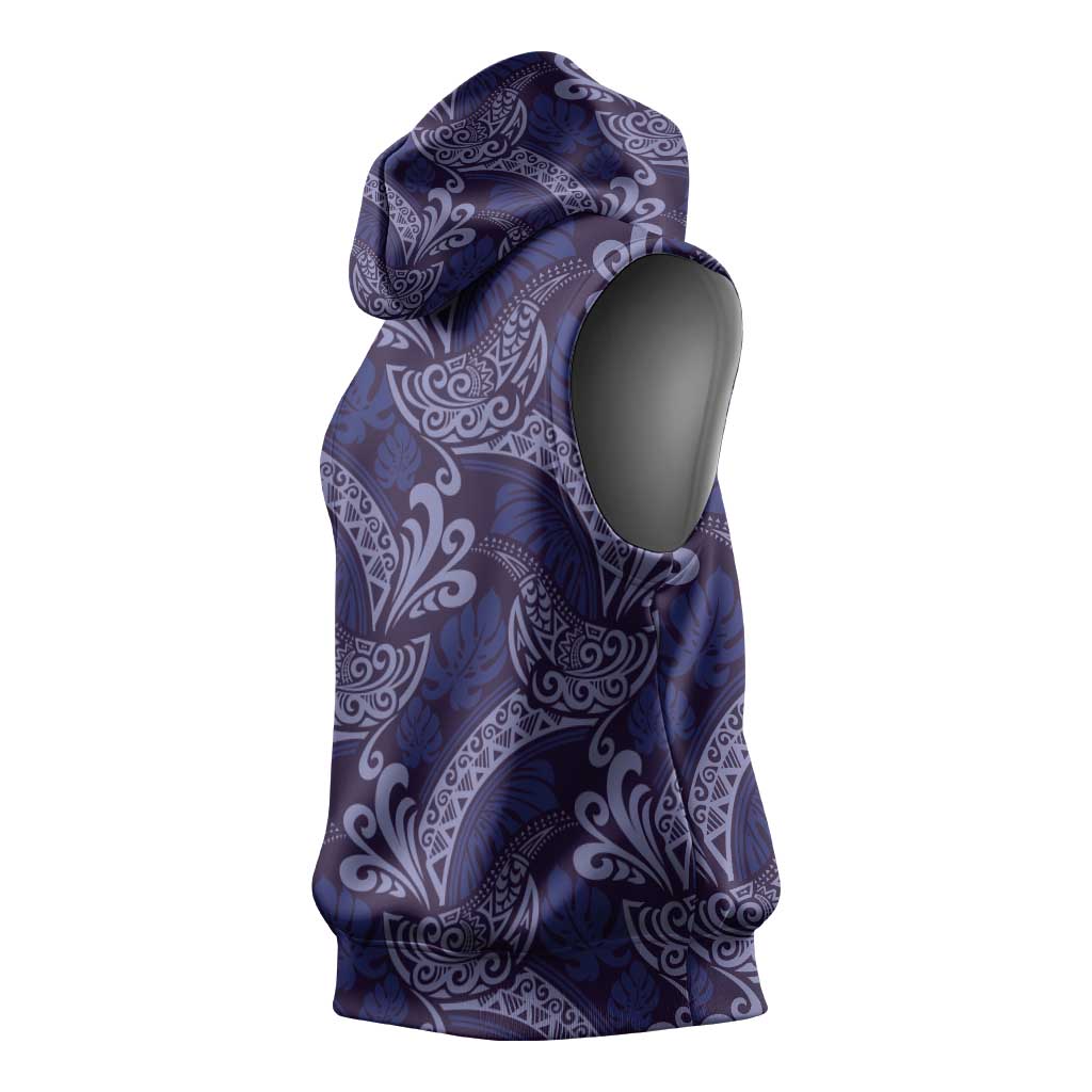 Deep Blue Monstera Sleeveless Hoodie Polynesian Tribal Pattern - Polynesian Pride