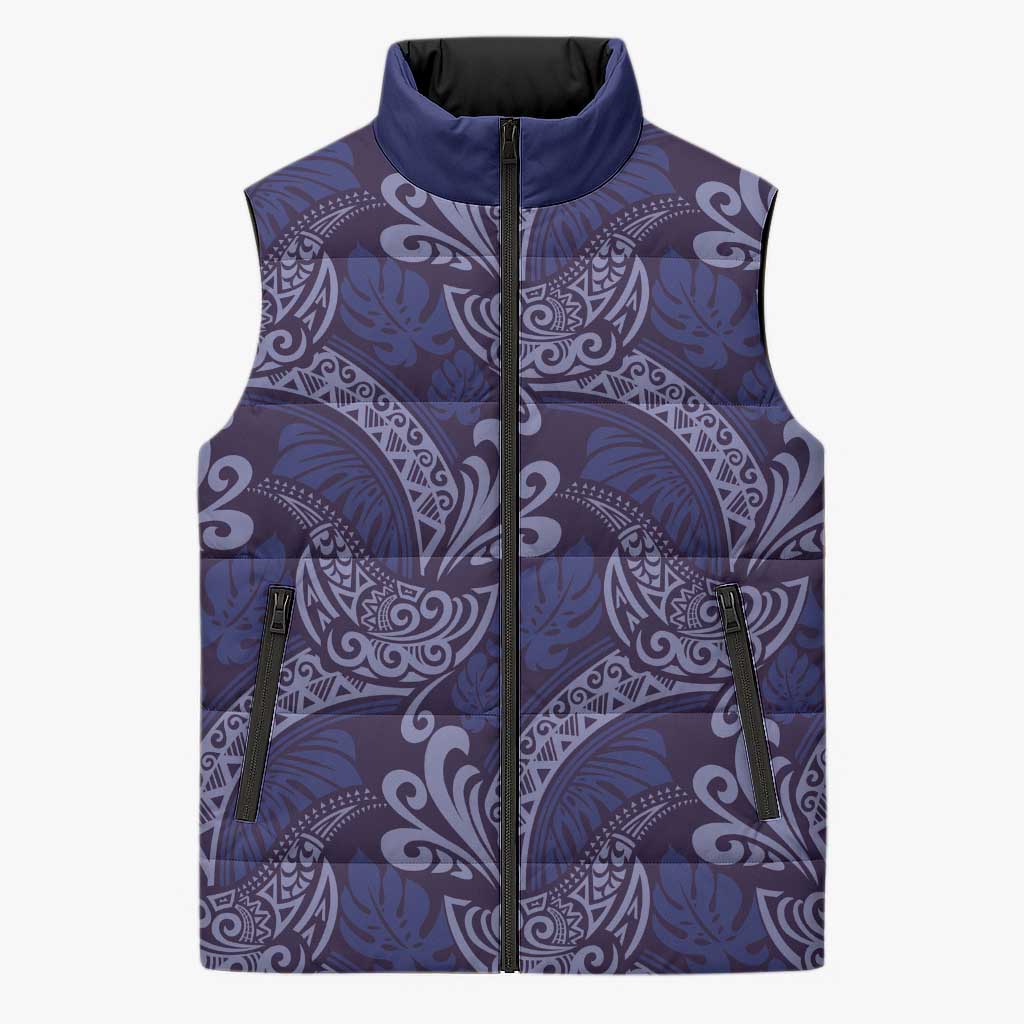 Deep Blue Monstera Sleeveless Puffer Jacket Polynesian Tribal Pattern - Polynesian Pride