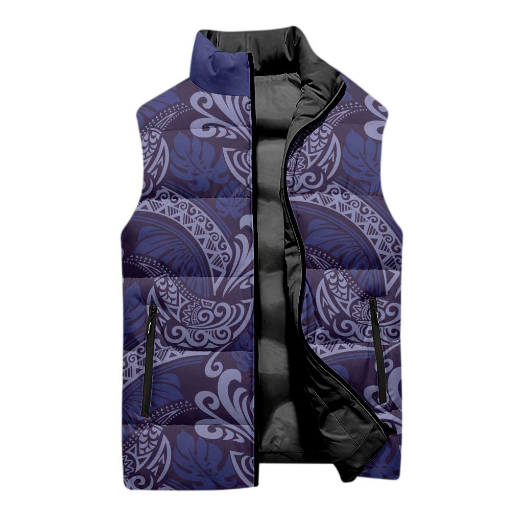Deep Blue Monstera Sleeveless Puffer Jacket Polynesian Tribal Pattern - Polynesian Pride
