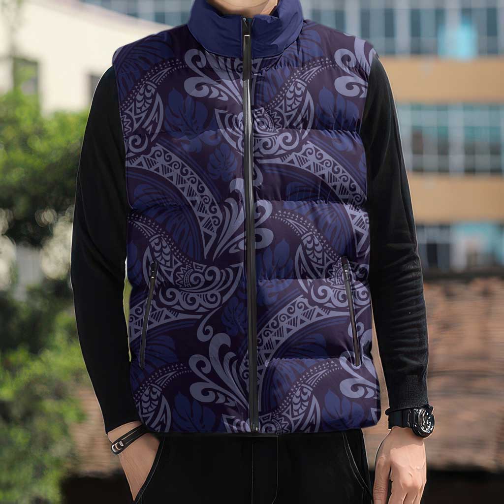 Deep Blue Monstera Sleeveless Puffer Jacket Polynesian Tribal Pattern - Polynesian Pride