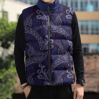 Deep Blue Monstera Sleeveless Puffer Jacket Polynesian Tribal Pattern - Polynesian Pride