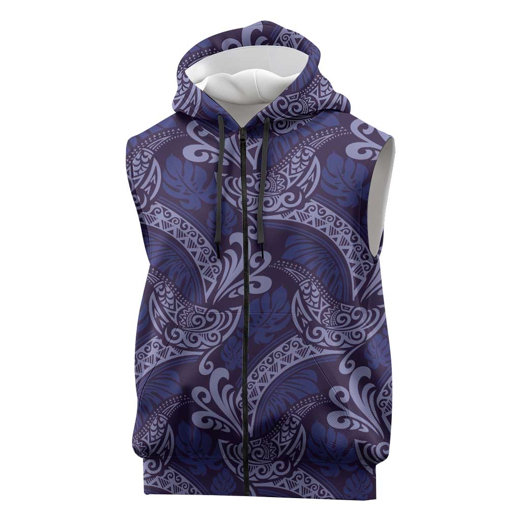 Deep Blue Monstera Sleeveless Zip Hoodie Polynesian Tribal Pattern - Polynesian Pride