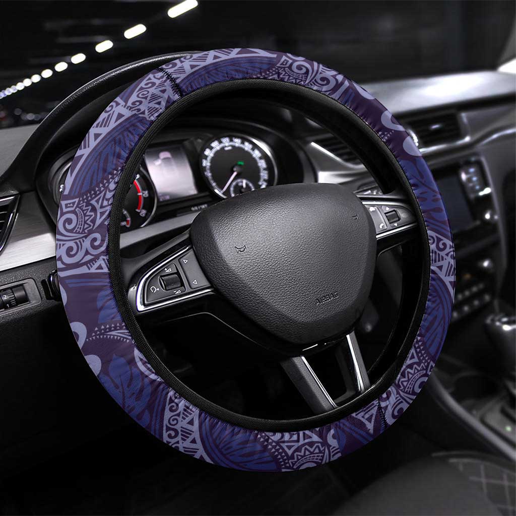 Deep Blue Monstera Steering Wheel Cover Polynesian Tribal Pattern - Polynesian Pride