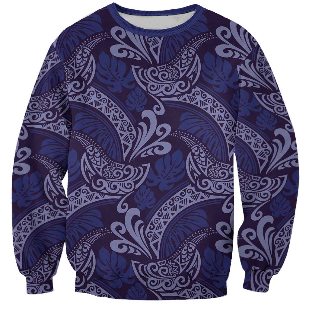 Deep Blue Monstera Sweatshirt Polynesian Tribal Pattern - Polynesian Pride