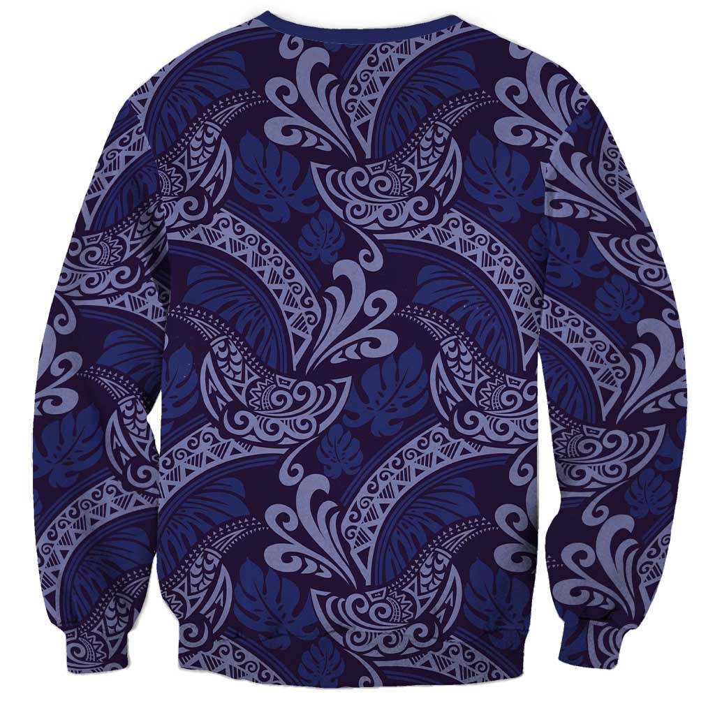 Deep Blue Monstera Sweatshirt Polynesian Tribal Pattern - Polynesian Pride
