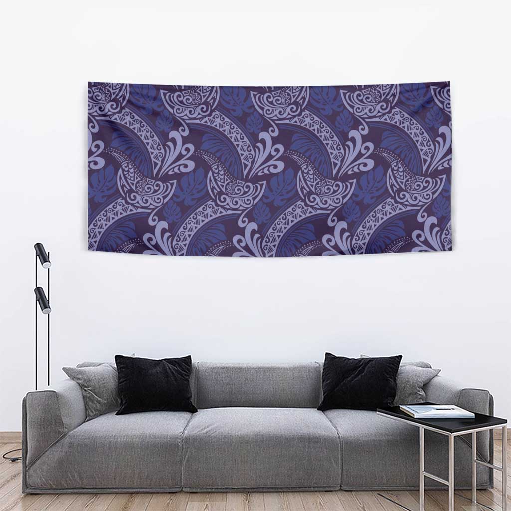 Deep Blue Monstera Tapestry Polynesian Tribal Pattern - Polynesian Pride