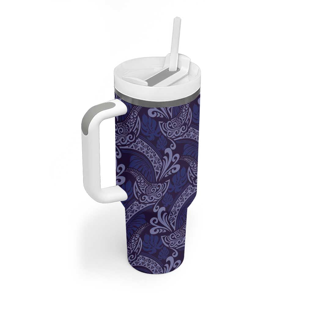Deep Blue Monstera Tumbler With Handle Polynesian Tribal Pattern - Polynesian Pride