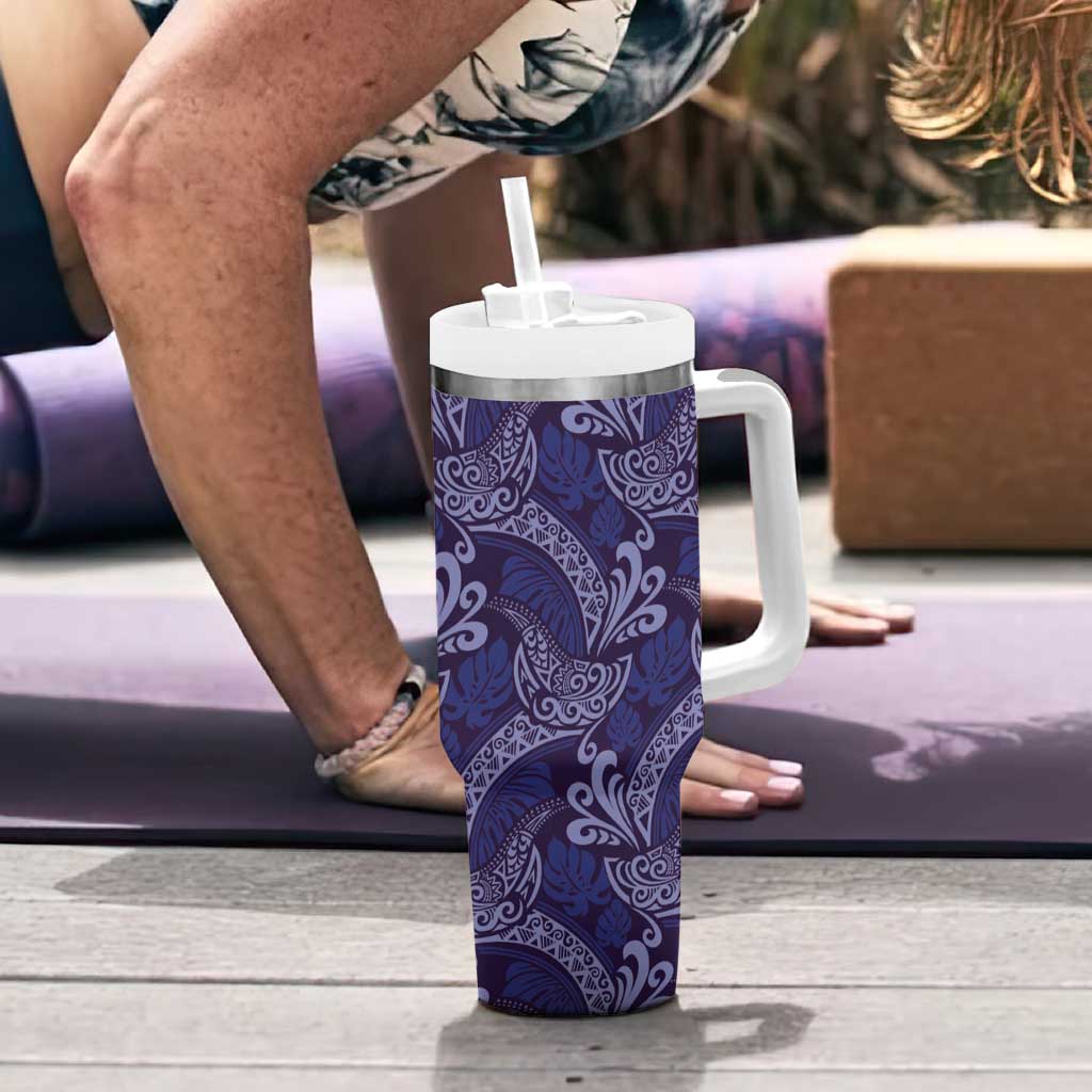 Deep Blue Monstera Tumbler With Handle Polynesian Tribal Pattern - Polynesian Pride