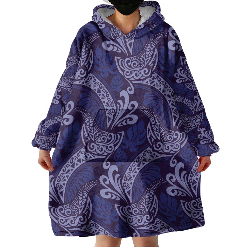 Deep Blue Monstera Wearable Blanket Hoodie Polynesian Tribal Pattern - Polynesian Pride