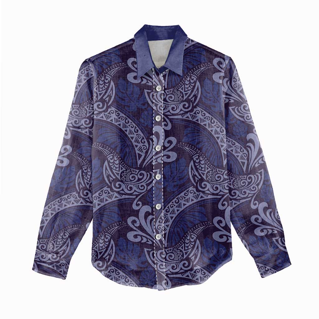 Deep Blue Monstera Women Casual Shirt Polynesian Tribal Pattern - Polynesian Pride