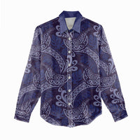 Deep Blue Monstera Women Casual Shirt Polynesian Tribal Pattern - Polynesian Pride