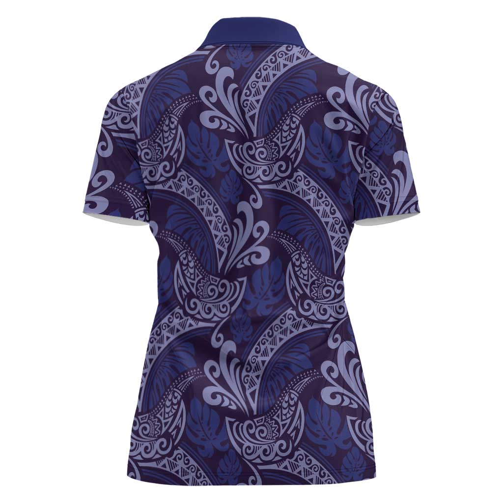 Deep Blue Monstera Women Polo Shirt Polynesian Tribal Pattern - Polynesian Pride
