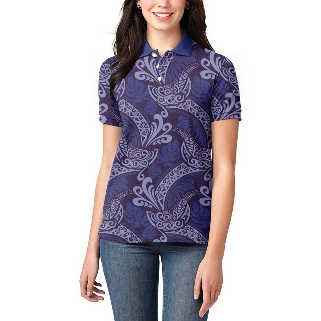 Deep Blue Monstera Women Polo Shirt Polynesian Tribal Pattern - Polynesian Pride