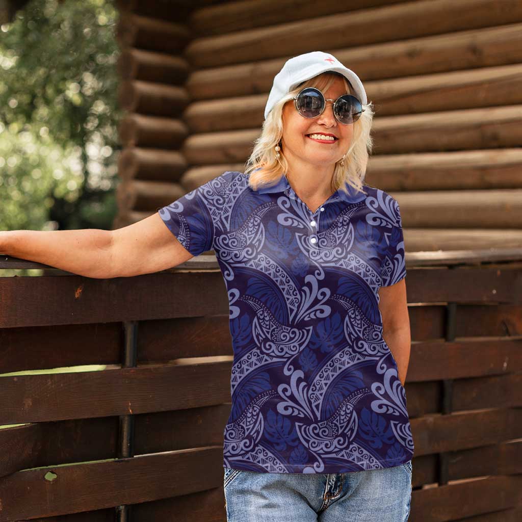 Deep Blue Monstera Women Polo Shirt Polynesian Tribal Pattern - Polynesian Pride